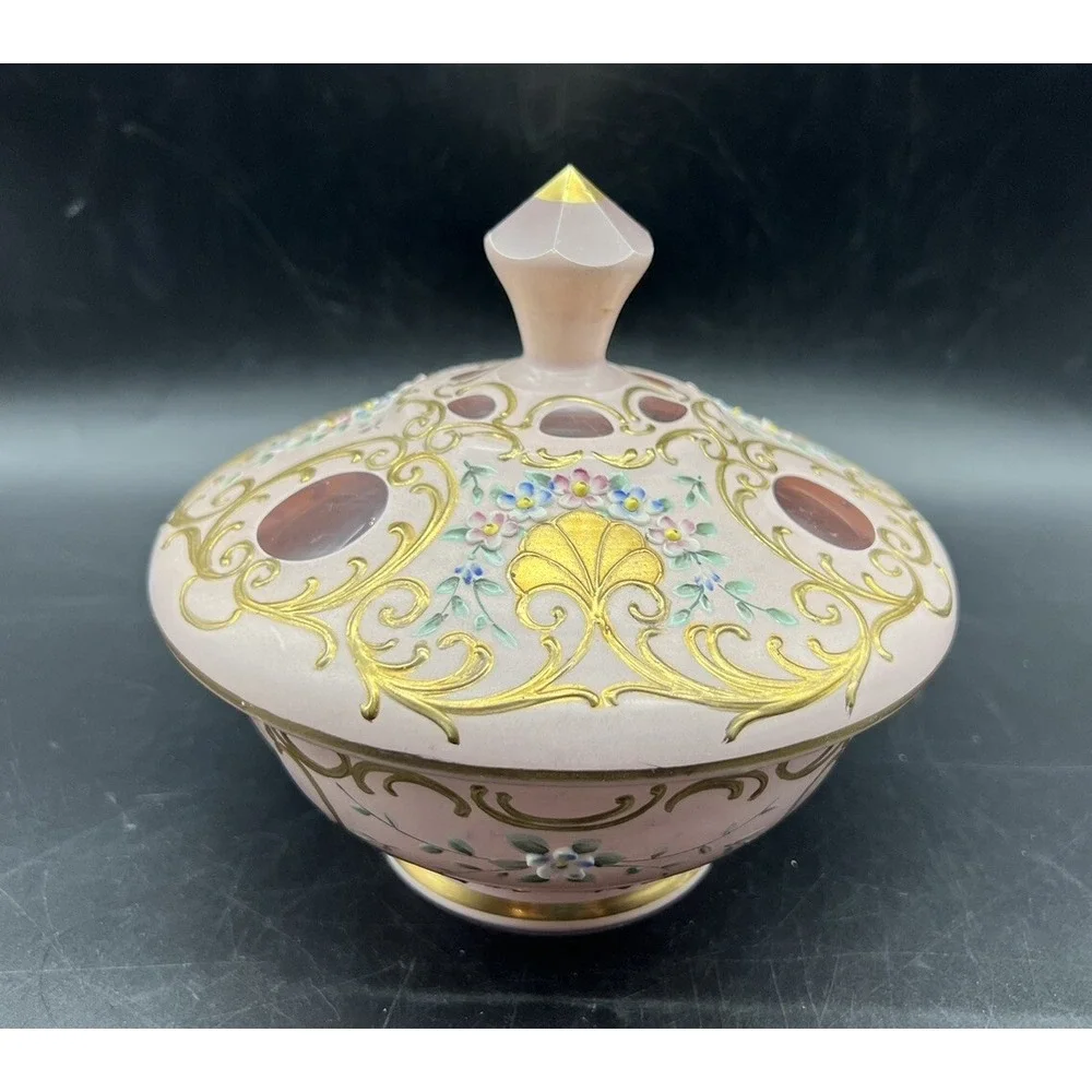 Antique Hand Painted German Crystal Jar Dish with Lid